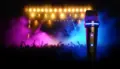 Glowing microphone on Fortnite Festival stage with dramatic concert lighting and instruments