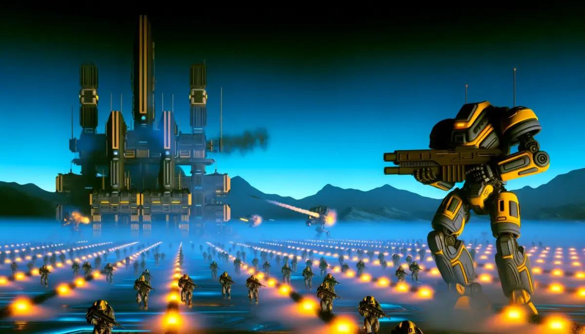 Helldivers 2 soldiers battle cyborg enemies across industrial alien battlefield