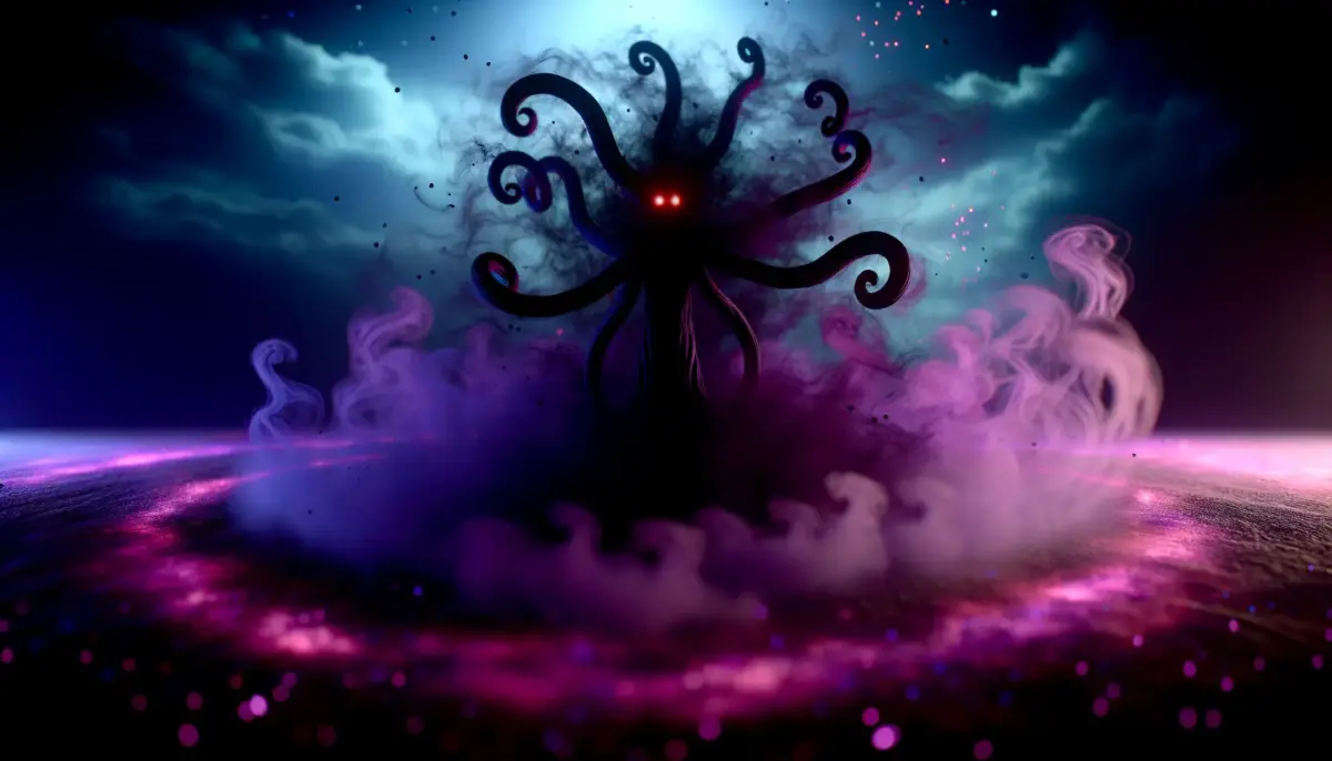 Mega Darkrai emerging from dark purple shadows and mist in dramatic cinematic lighting