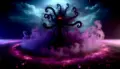 Mega Darkrai emerging from dark purple shadows and mist in dramatic cinematic lighting