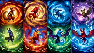 Four Stage 2 Pokémon from Chaos Rising prerelease with alternate art designs and glowing energy effects