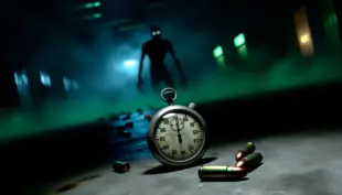 Clock ticking with zombies approaching in atmospheric Resident Evil survival horror environment