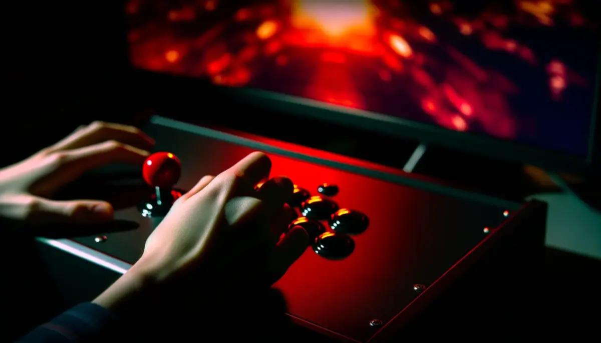 Fight stick controller in red emergency lighting showing Tekken 8 community crisis and emergency patch response