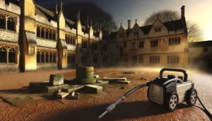 Pressure washer at historic manor estate courtyard with ancient artifacts and adventure gear