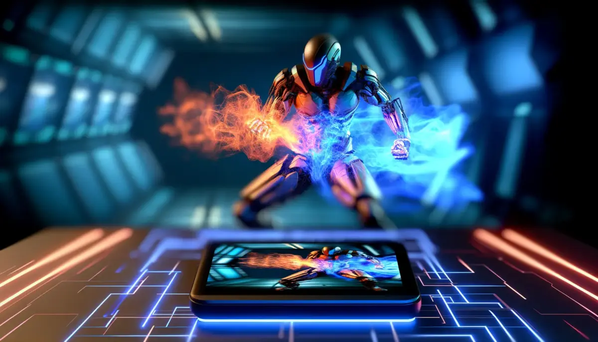 Warframe gameplay on Nintendo Switch 2 with neon sci-fi combat effects in handheld mode