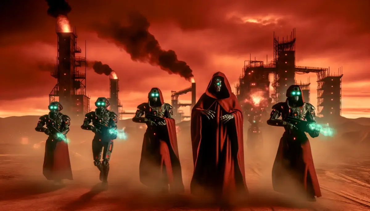 Adeptus Mechanicus Skitarii warriors advance across industrial battlefield in Warhammer 40K Dawn of War 4