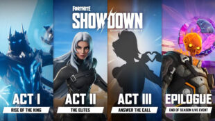 Image of a Fortnite banner showing charatres at various major patch milestones, teasing a D.Va silhoueete from Overwatch