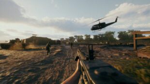 Image of a Browning carry in Vietnam jungles, with Bell UH-1 Iroquois overhead.