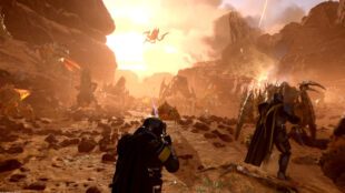 Image of a helldiver, fighting on an arid desert world, facing off against hordes of killer bugs