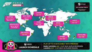 Image of a world map with key times for a game launch