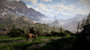Image of Crimson Desert backdrop with Kliff riding a horse.