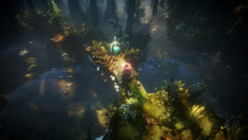 Image of No Rest For The Wicked heroes crossing over a wooden bridge across a fantasy woodland