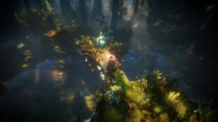 Image of No Rest For The Wicked heroes crossing over a wooden bridge across a fantasy woodland
